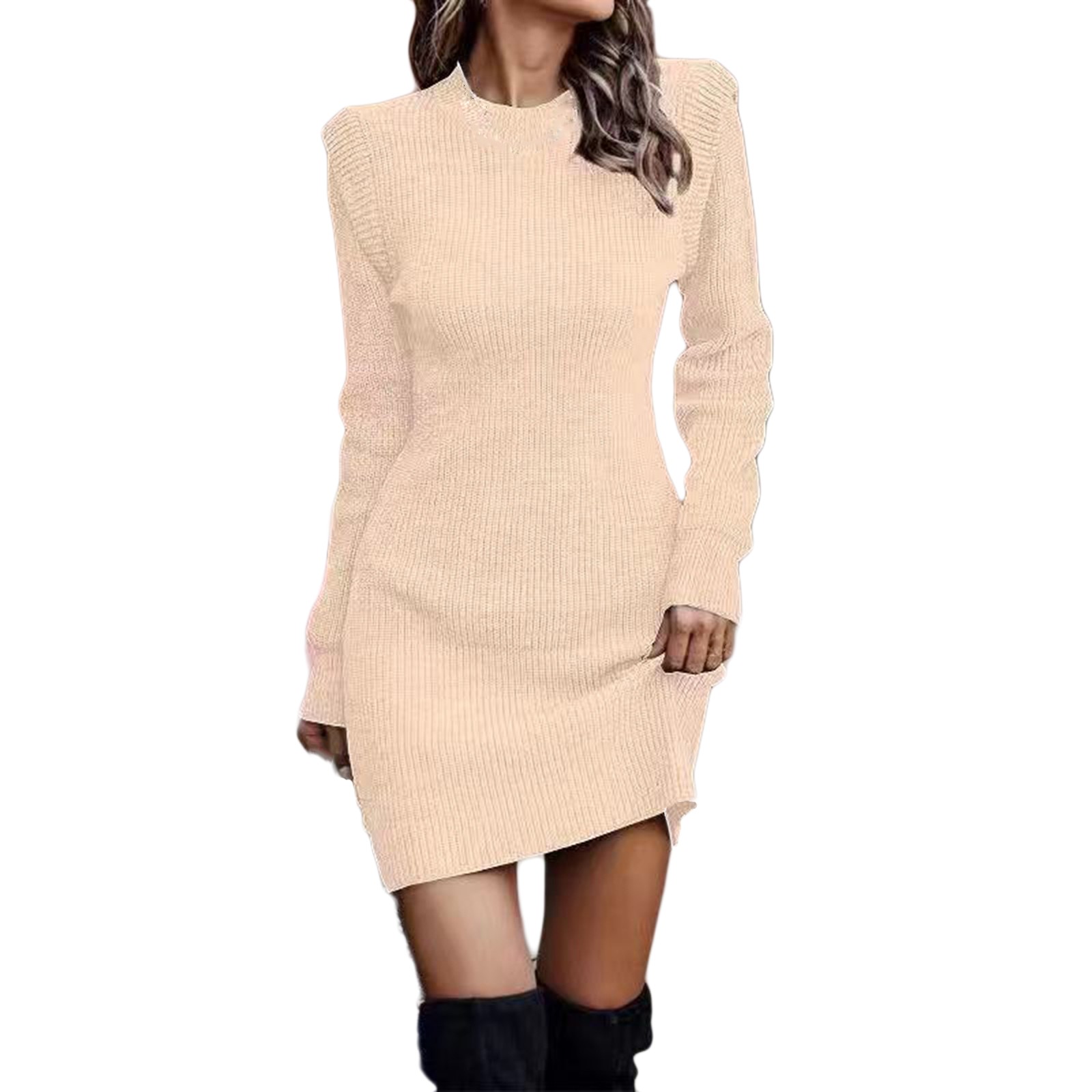 thumbnail image 4 of Vestido de punto de cuello alto y manga larga para mujer - Vestido de punto liso, poliéster/spandex - Informal/fiesta, todas las estaciones - Tallas de la S a la XXXXXL, 4 of 5